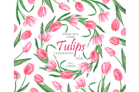 Pink Tulips Watercolor Clipart and Wreath