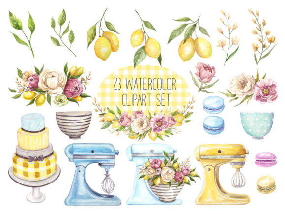 Yellow and Blue Bakery Watercolor Clipart